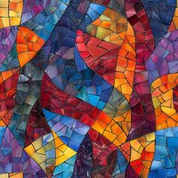 Vibrant stained glass mosaic pattern in red, blue, orange and purple hues creates abstract geometric shapes with dark outlines, seamless repeat for fabric and wallpaper.