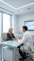 Professional business meeting between mature blonde businesswoman and young male colleague in modern office with data presentation on screen.