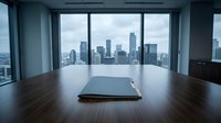Modern executive boardroom with laptop on wooden conference table overlooking city skyline through floor-to-ceiling windows for corporate presentations.