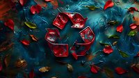 Red recycle symbol made of ice cubes on dark textured background with scattered autumn leaves and water drops creating environmental concept.