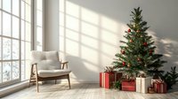Minimalist Christmas interior with decorated pine tree, wrapped presents and mid-century armchair by large window casting dramatic shadows on white wall.