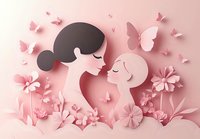 Mother and child sharing tender moment surrounded by pink paper art butterflies and flowers, gentle profiles against soft rose background. Delicate cut-out style illustration.