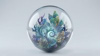 Glass sphere containing swirling blue and green foliage with spiral center on white background, isolated decorative paperweight for home decor projects.