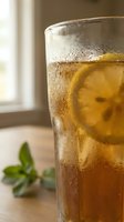 Chilled iced tea with lemon slice and ice in a sweating glass, fresh mint on wooden table, warm natural window light.