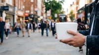 Man holding blank white cup on busy urban street with pedestrians and brick buildings in background, suitable for beverage branding and marketing campaigns.