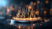 Futuristic glowing city skyline miniature with luminous skyscrapers on circular platform against dark background with bokeh lights and digital wave pattern.