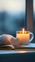Cozy evening atmosphere with glowing candle in glass mug, knitted heart decoration, and open book against blurred window background, creating romantic mood.