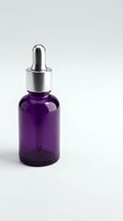 Purple glass dropper bottle with silver cap isolated on white background for skincare serum cosmetic product packaging design.