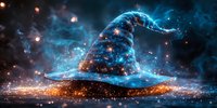 Magical wizard hat glowing with blue cosmic energy and golden sparkles against dark background, mystical fantasy art for book covers and game design.