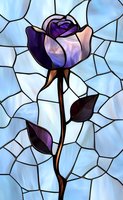 Purple rose on stained glass background with mosaic pattern in blue tones. Decorative floral art design with dark leaves and elegant stem.
