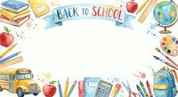Watercolor back to school frame with educational supplies, books, globe, bus and apples on white background for student designs and academic projects.