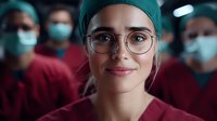 Young female medical professional in scrubs and surgical cap smiling confidently at camera, wearing glasses with blurred healthcare team in background wearing masks.