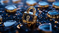 Golden padlock icon on digital circuit board with glowing elements, representing cybersecurity and data protection in modern technology environment.