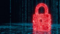 Digital cybersecurity padlock with glowing red circuit patterns on dark tech background for data protection and network security concepts.