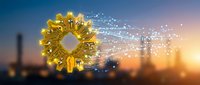Golden gear with digital particles and light trails against blurred industrial cityscape at sunset, representing technology, innovation, and industrial automation for business concepts.