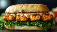 Grilled shrimp sandwich with fresh lettuce and special sauce on toasted brioche bun, close up view showing juicy seafood and crisp vegetables on wooden surface.
