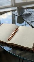 Open notebook with copper pen on glass table near window with coffee cup and newspaper for writing, journaling, planning, and creative work.