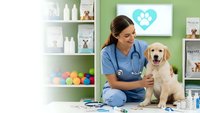 Female veterinarian in blue scrubs examining golden retriever puppy in modern animal clinic with medical equipment and pet care products on shelves.