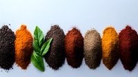 Vibrant aromatic spices and seasonings arranged in colorful rows with fresh green basil leaves on white background, culinary ingredients for cooking.
