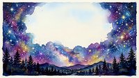 Watercolor galaxy night sky with silhouetted pine forest and mountains, cosmic nebula clouds in purple blue pink hues creating dreamy celestial landscape frame.