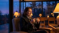 Woman in business attire holding coffee cup, sitting in modern office chair by large window at dusk with warm lamp lighting and twilight sky view for corporate lifestyle content.