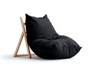 Modern black bean bag chair with wooden support frame on white background, comfortable lounge furniture for contemporary interior design spaces.