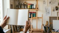 An artist with medium skin tone holds an open blank notebook in a creative studio workspace filled with art supplies, shelves, and sketches on walls.