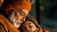 Senior Caucasian man with white beard wearing orange knit hat embraces sleeping Asian child in warm winter clothing, tender moment captured in soft natural lighting.