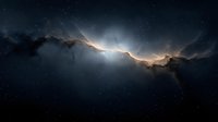 Dramatic cosmic landscape with glowing light breaking through dark storm clouds against starry night sky, creating ethereal atmospheric scene.