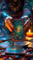Mystical tarot card reading scene with female hands holding illuminated card featuring celestial fairy design, surrounded by candlelight and magical bokeh effects in turquoise and orange tones.