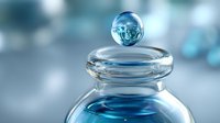 Crystal clear glass bottle with blue liquid and floating water droplet, showcasing liquid dynamics for cosmetic or pharmaceutical product photography.