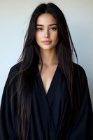 Young Asian woman with long dark hair wearing black wrap dress against light background, natural makeup and serene expression for beauty and fashion content.
