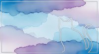 Minimalist cat silhouette outline on soft watercolor background in blue and purple pastel tones, dreamy abstract art for prints and cards.