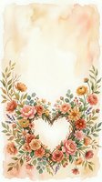 Watercolor floral heart wreath with roses, peonies and greenery on textured paper background for wedding invitations and romantic designs.