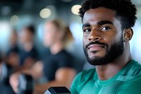 Young African American male athlete exercising with dumbbells at gym, wearing green t-shirt. Confident expression during workout with blurred people in background.