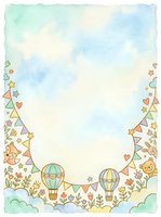 Watercolor background with hot air balloons, bunting flags, teddy bears, stars, and hearts on isolated white space, suitable for baby shower invitations, nursery decor, greeting cards, and children's design projects.