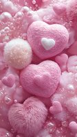 Soft pink fluffy hearts with delicate textures floating among ethereal bubbles in dreamy romantic composition, white heart detail creates depth and tenderness.