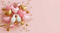 Pink and gold heart balloons with white doves and confetti on pastel background for Valentine's Day, wedding, anniversary celebration design.