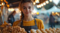 Young female baker in yellow sweater and apron smiling while working at outdoor market stall with fresh baked goods and warm string lights creating cozy atmosphere.
