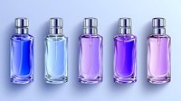 Glass perfume bottles in blue and pink gradient colors arranged in row on reflective surface. Luxury cosmetic packaging with metallic caps and transparent design.