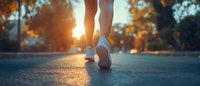 Runner in white sneakers on asphalt road during golden sunset hour, close-up view of feet in motion against warm sunlight and blurred background.