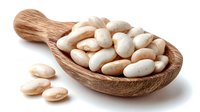 White lima beans in wooden scoop on white background, nutritious legume ingredient for healthy cooking and plant-based protein source.