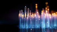 Glowing blue light rods create abstract cityscape silhouette against dark background with orange bokeh lights, modern minimalist composition for technology themes.