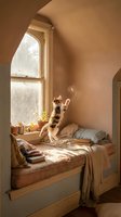 Ginger tabby cat stretching on cozy window seat with warm sunlight, potted plants, and neutral bedding in alcove nook for home decor and lifestyle content.