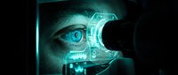 Futuristic digital eye with holographic interface and glowing cyan technology overlay, representing artificial intelligence, cybersecurity, and advanced data visualization for tech concepts.
