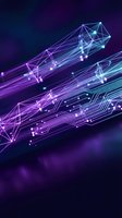 Futuristic digital network with glowing purple and blue circuit patterns, geometric connections and data flow visualization for technology concepts.