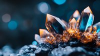 Glowing orange and blue crystal formation with natural quartz clusters emerging from dark rock surface against blurred bokeh background. Macro mineral photography.
