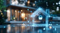 Glowing digital house outline with security lock icon floating over blurred residential background with bokeh lights, representing smart home technology and protection.