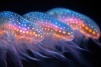 Luminescent jellyfish with glowing spots in dark water, displaying vibrant blue and orange bioluminescent patterns against black background, creating ethereal underwater scene.