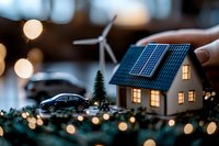Miniature eco-friendly house with solar panels, wind turbine and electric car on green landscape, illuminated by warm bokeh lights creating magical atmosphere.